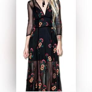 For Love & Lemons Black Mesh Embroidered Floral Maxi Jumpsuit Size XS